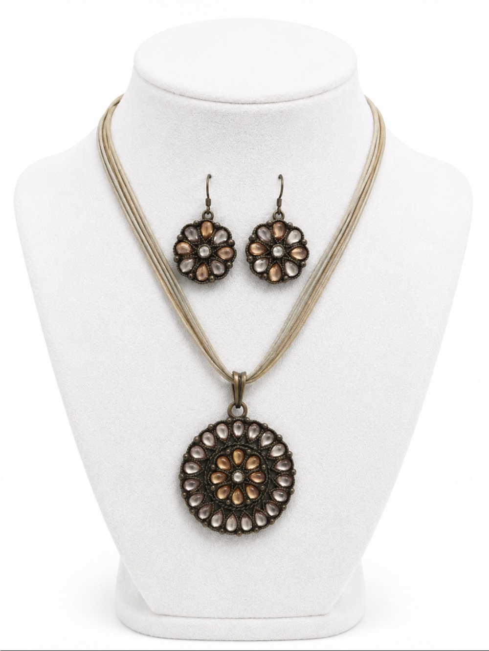 PREMIER DESIGNS “VTG” Gemmed Amulet Pendant Necklace With Matching Earrings